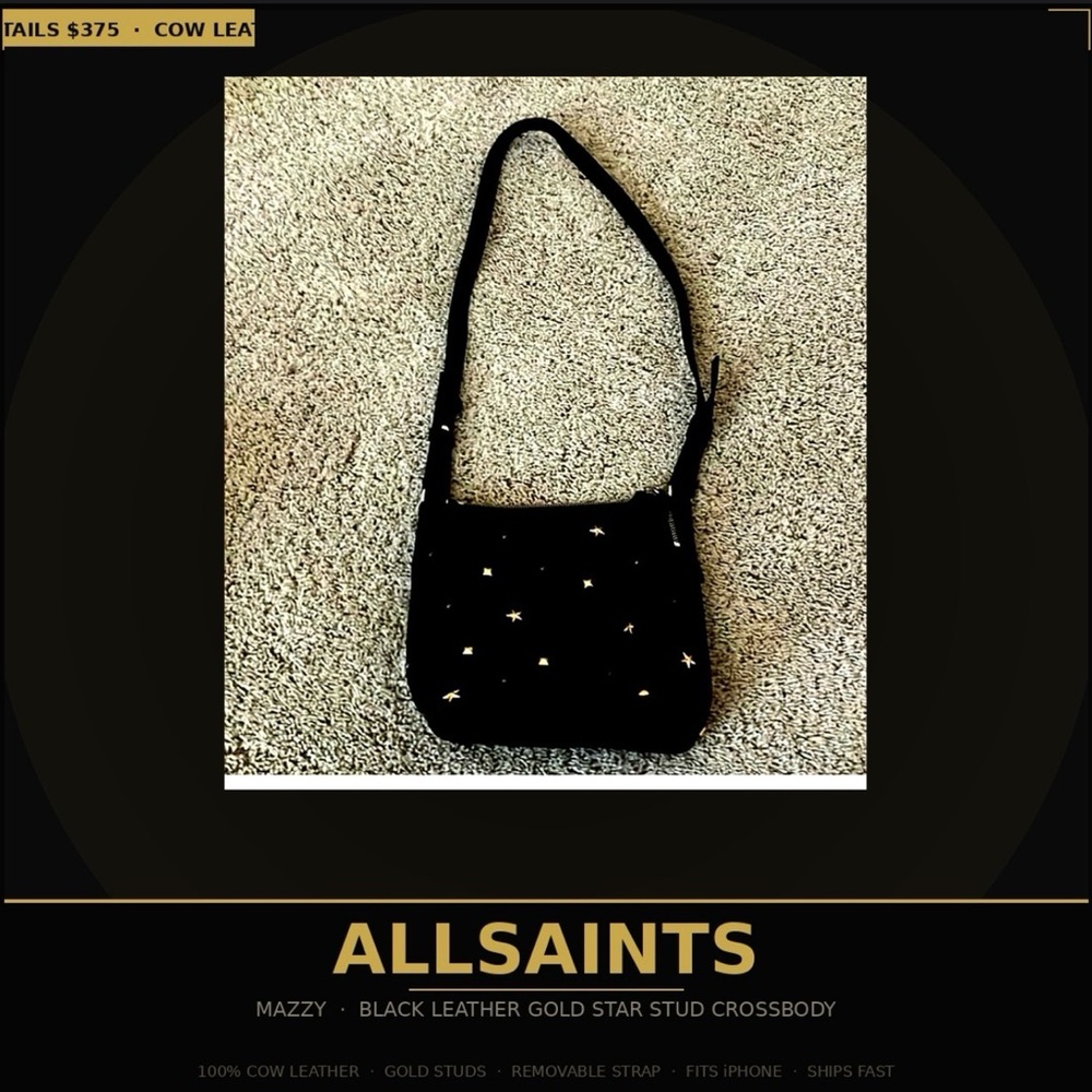 AllSaints Mazzy Black Leather Gold Star Stud Crossbody Bag | 100% Cow Leather |
